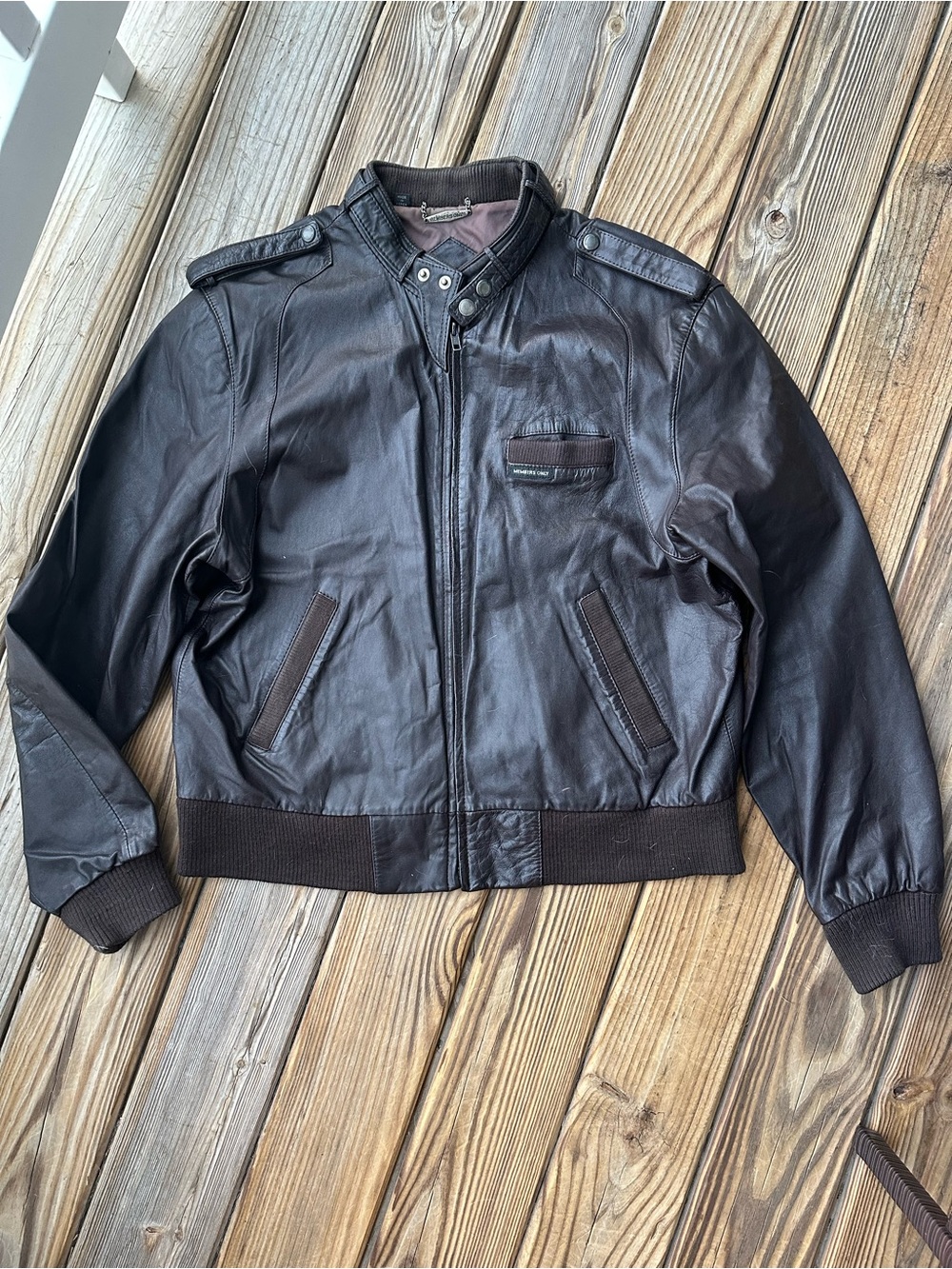 Members Only Dark Brown Leather Bomber Jacket with Epaulets